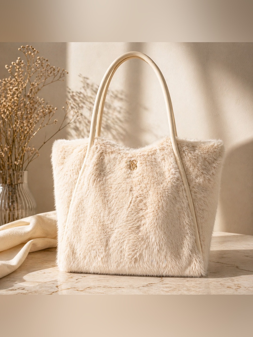 Victoria’s Secret Cream Faux Fur Tote Bag Soft Plush Shoulder Bag
